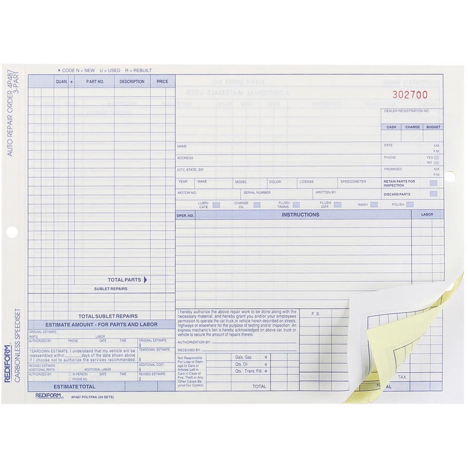 Rediform 4P487 Auto Repair Order Form 3 Part Carbonless 8.5×11