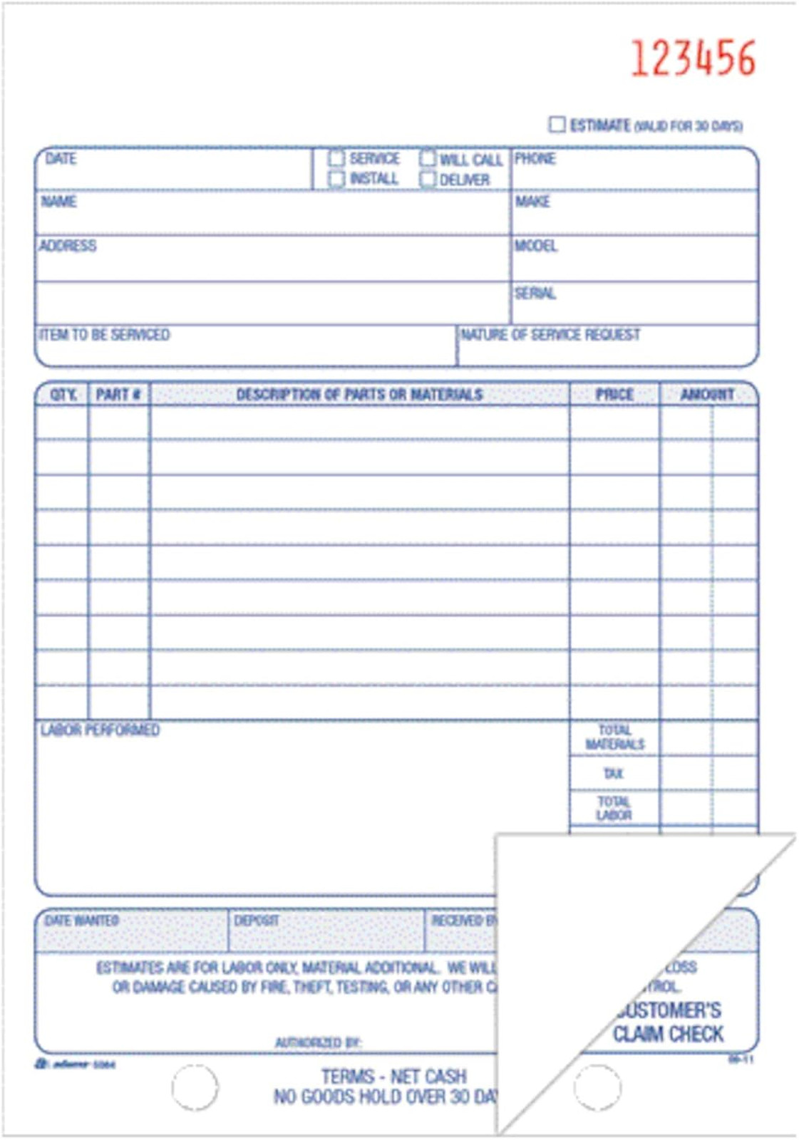 Repair Order Book Carbonless 2-Part White White 5 9/16 x 8 7/16 Inches 50 Sets