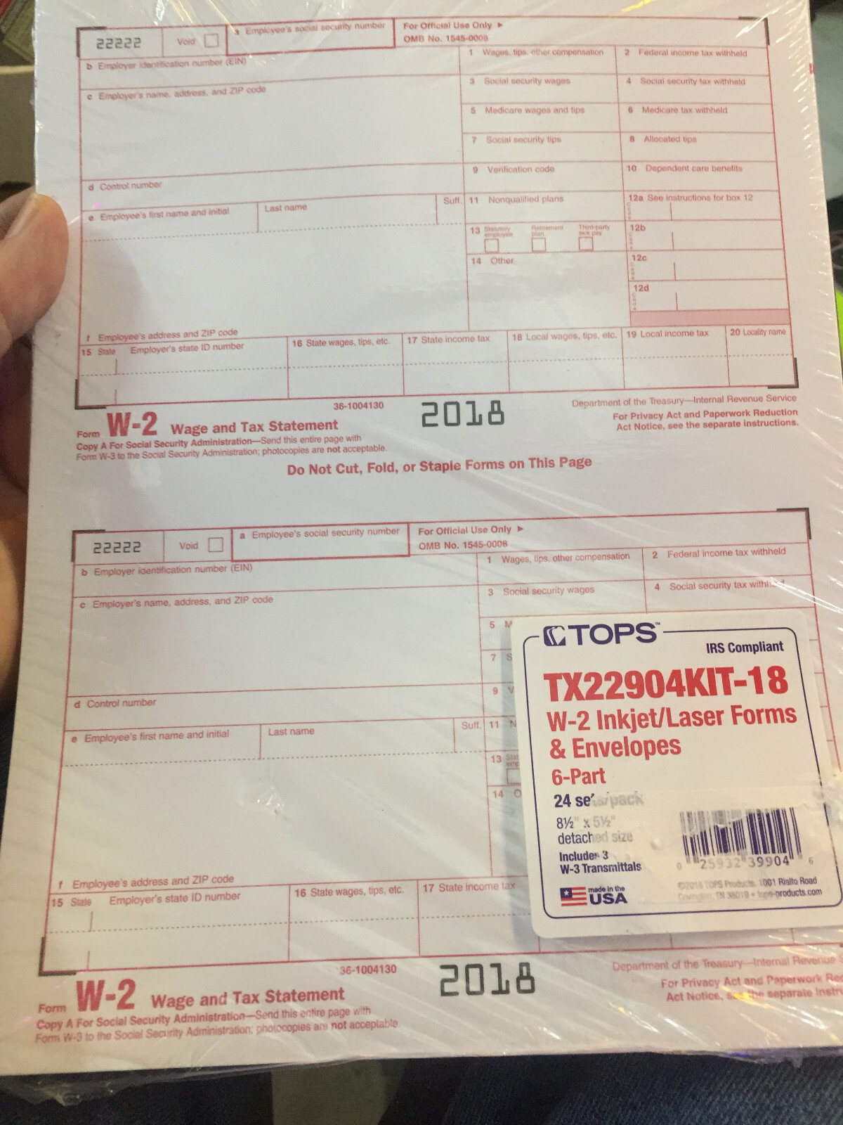 TOPS W-2 Tax Forms Kit for 2019; 6-Part Inkjet/Laser Form Sets for 26 Employees