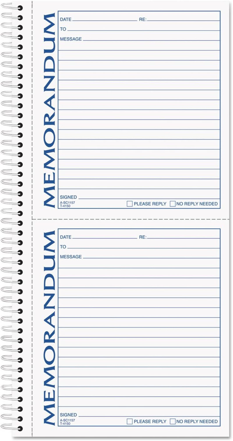 Memorandum Forms Book, 2-Part, Carbonless, 2 Memos per Page, 1 Sets per Book (41