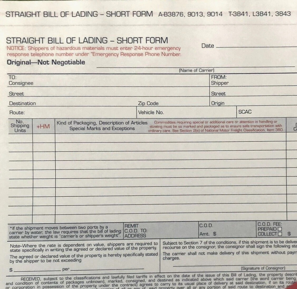 (5) Adams Bill of Lading Short Form, 3-Part Carbonless, for up to 10 Articles