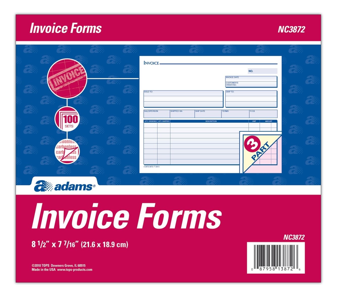 3 Part Carbonless Invoice Forms 7.44×8.5 White Canary Pink 100 Sets