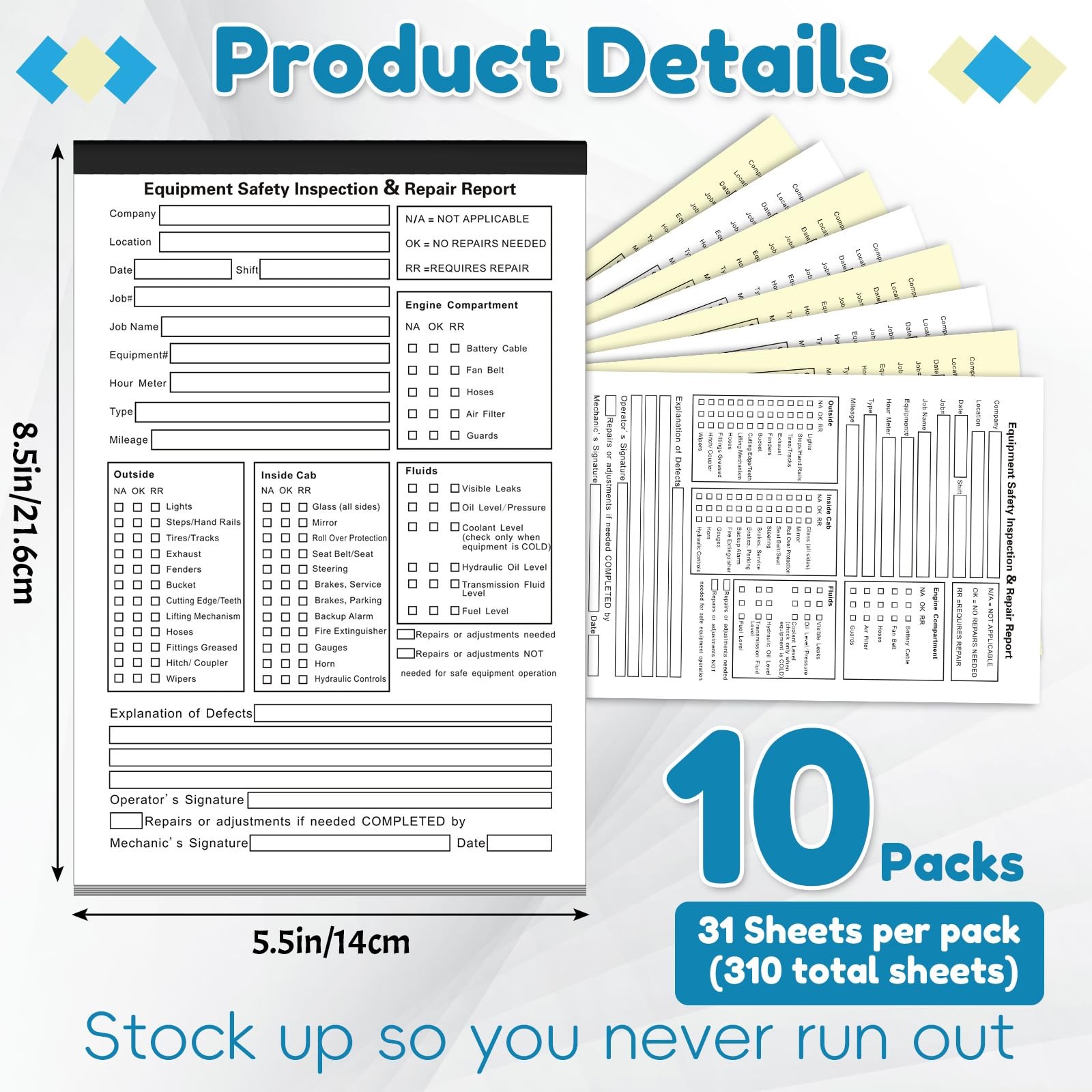 Humyoun 10 Pack 5.5″ x 8.5″ Equipment Safety Inspection Report Detailed…
