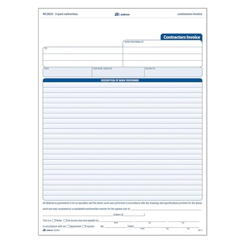 Adams Contractor Invoice Forms, 8.5 x 11.44 Inch, 3-Part, Carbonless, 100-Pack,