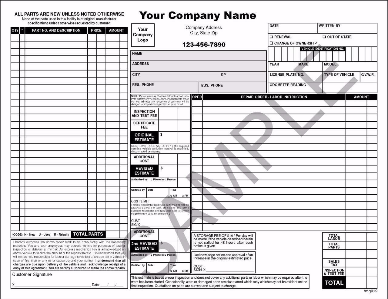1000 Automotive Repair Invoices / 2 Part Carbonless / 8.5 x 11 TMG019