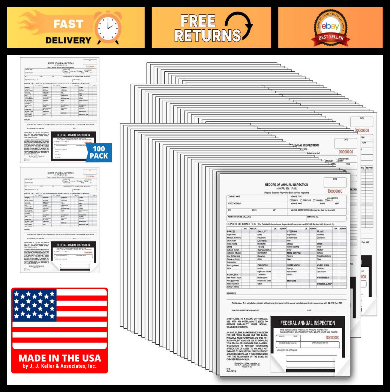 100-Pack Annual Inspection Forms with Labels, 2-Ply Carbonless, DOT Compliant