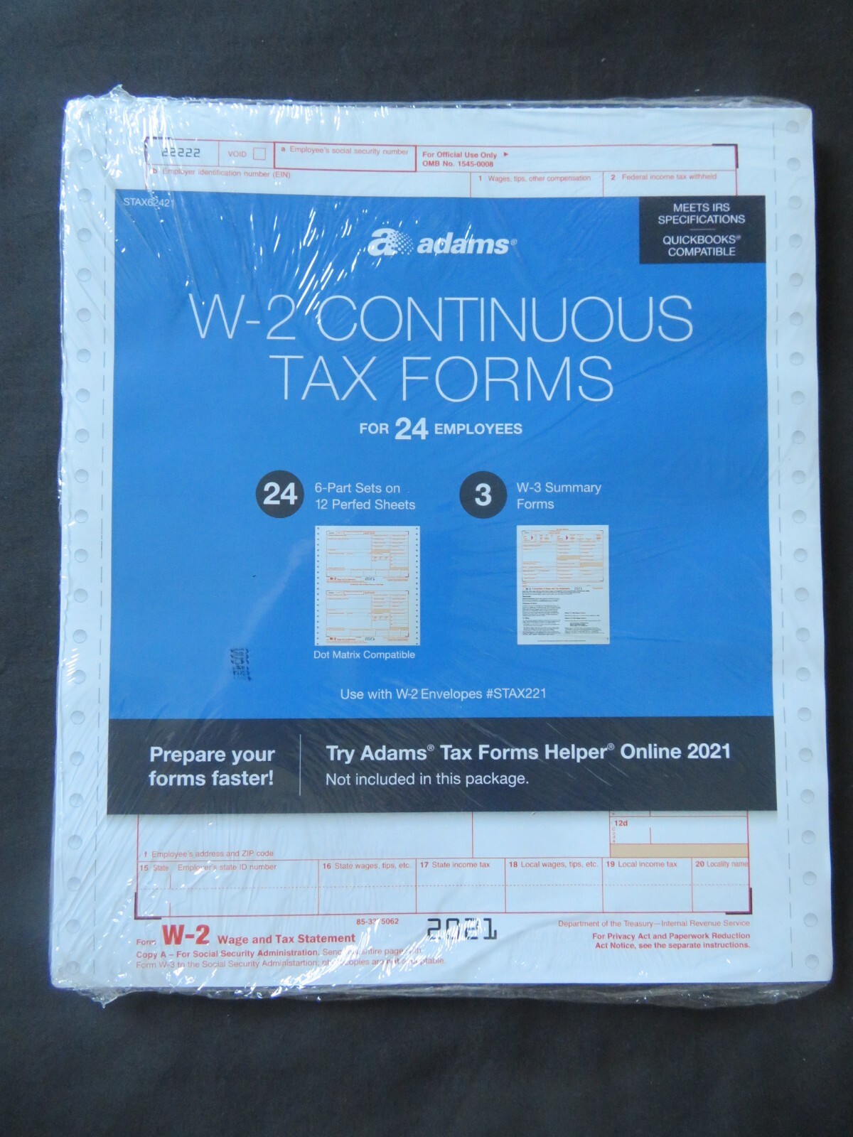 2021 Adams W-2 Continuous Tax Forms 24 6-Part Sets, 3 W-3 Summary Forms