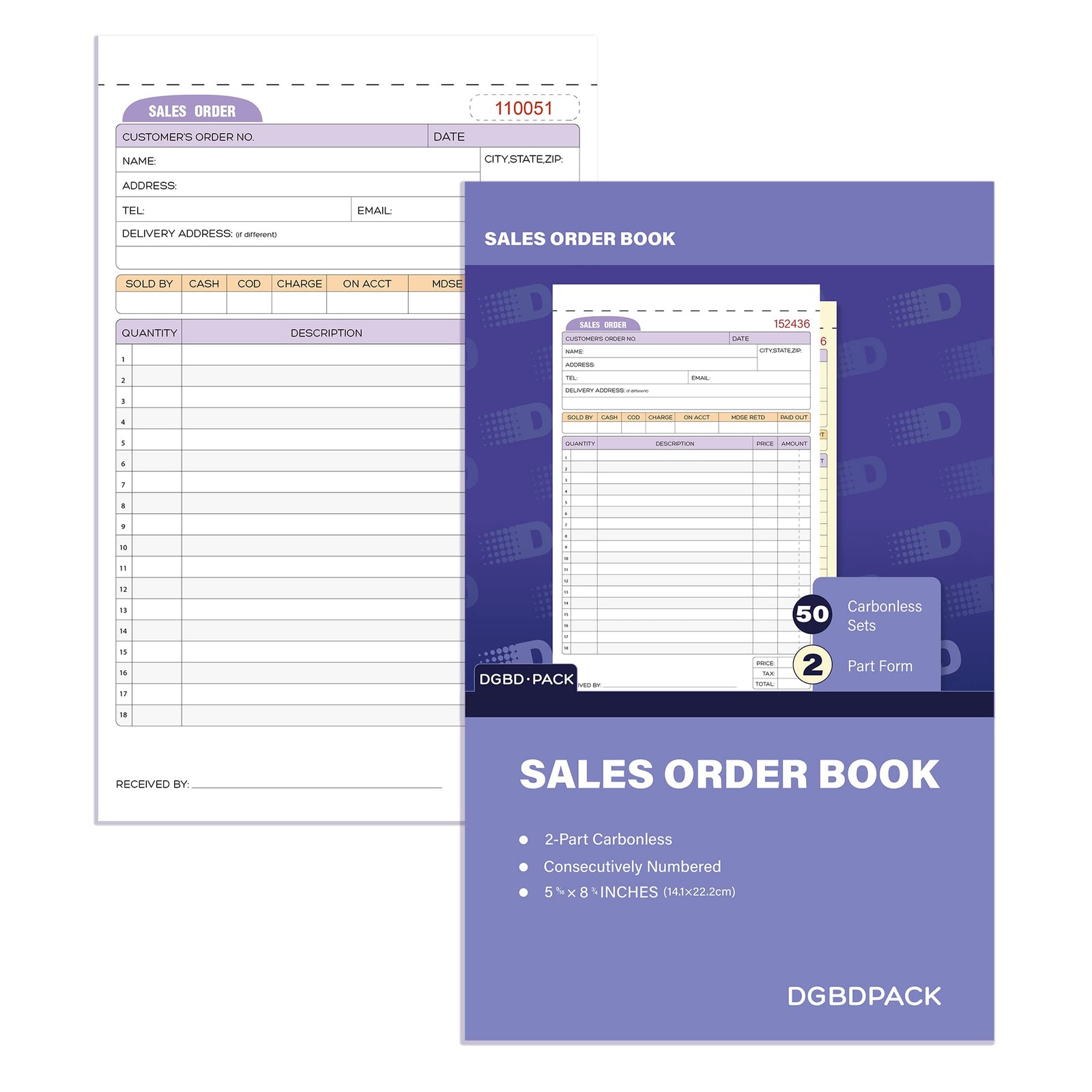 DGBDPACK Sales Order Book 1 Pack, 2 Part Carbonless Invoices, White/Canary, 5…