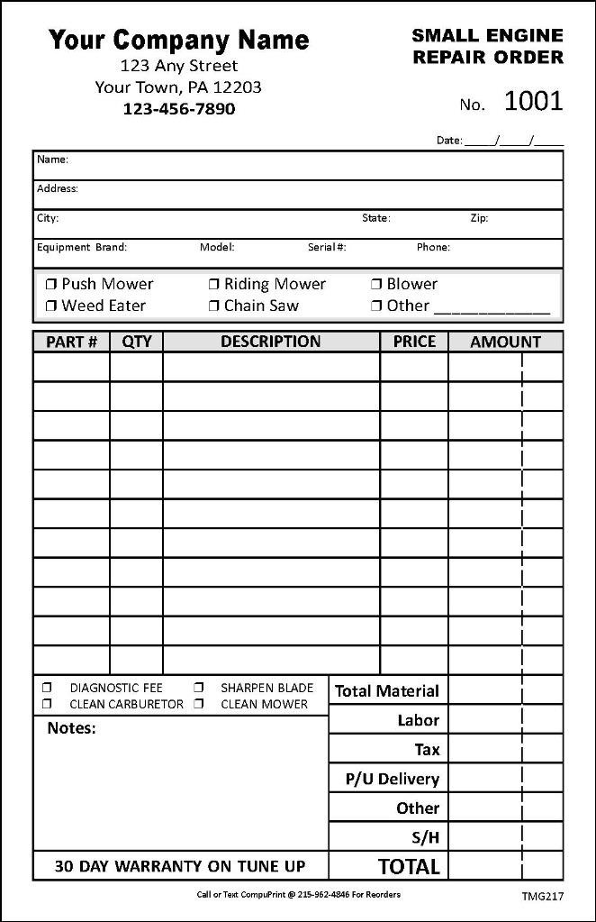 Custom Small Engine Repair Invoice Form / 2 Part or 3 Part / 5.5 x 8.5 / TMG217