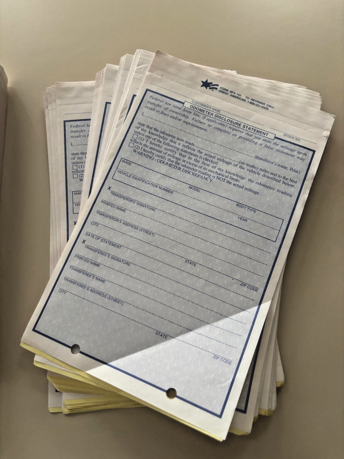 Odometer Disclosure Statement Great American BFA-103 Form 200+ Forms 1 Low Price