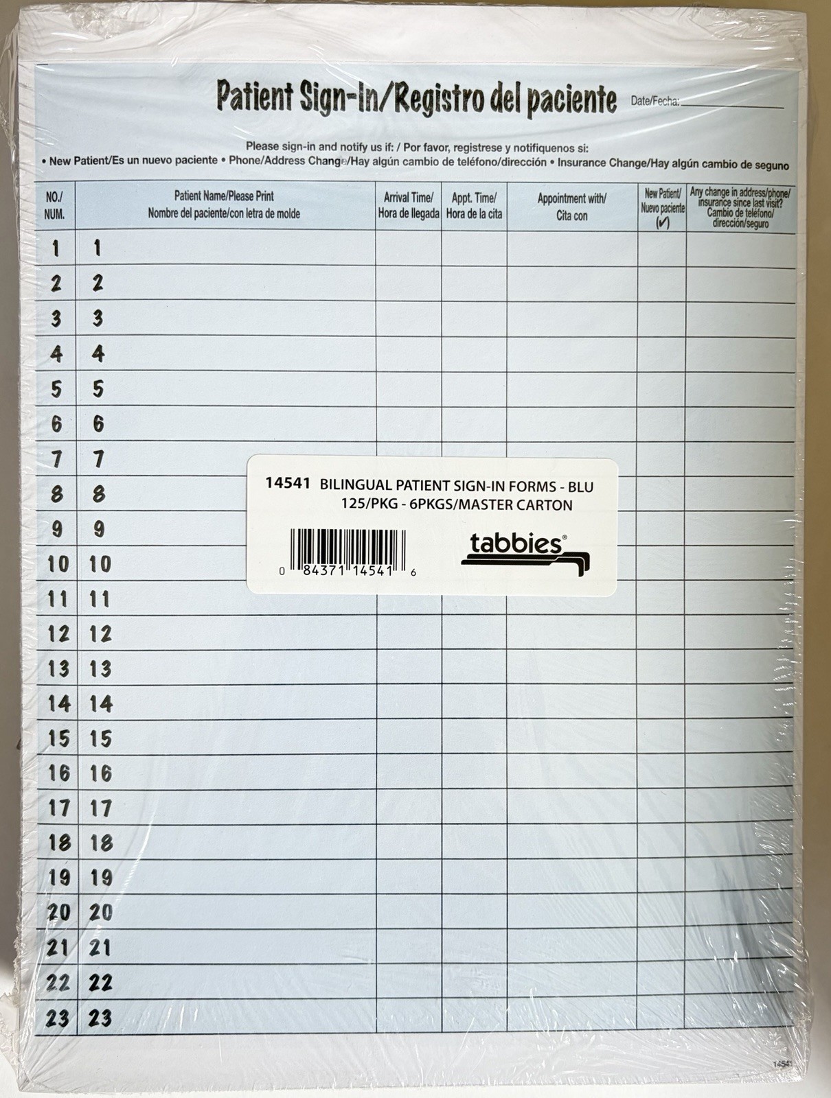 Tabbies Bilingual Patient Sign-In Forms Blue 125 Pack 8.5”x 11.625”