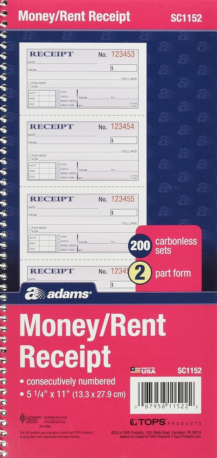 Adams Receipt Book 2 Part Money Rent Carbonless 5 1/4″ x 11″ Spiral 200 Sets New