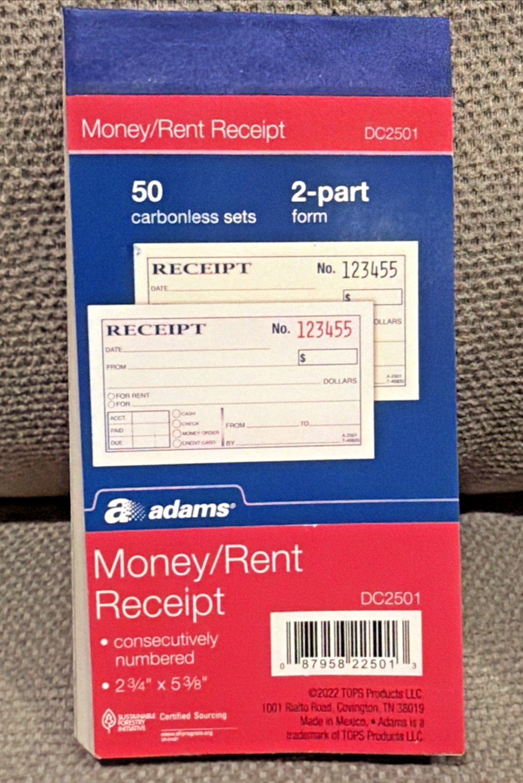 DC2501 Money / Rent Receipt, 2-3/4 x 5-3/8”, Carbonless 50 Set Book NEW