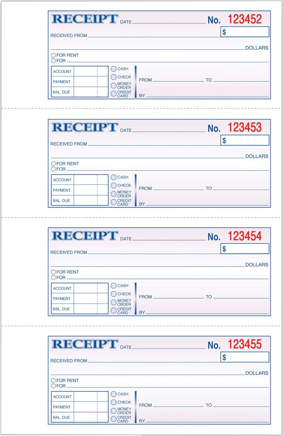 Money/Rent Receipt Book, 3-Part, Carbonless, 11 X 7-5/8 Inches, 4 Receipts