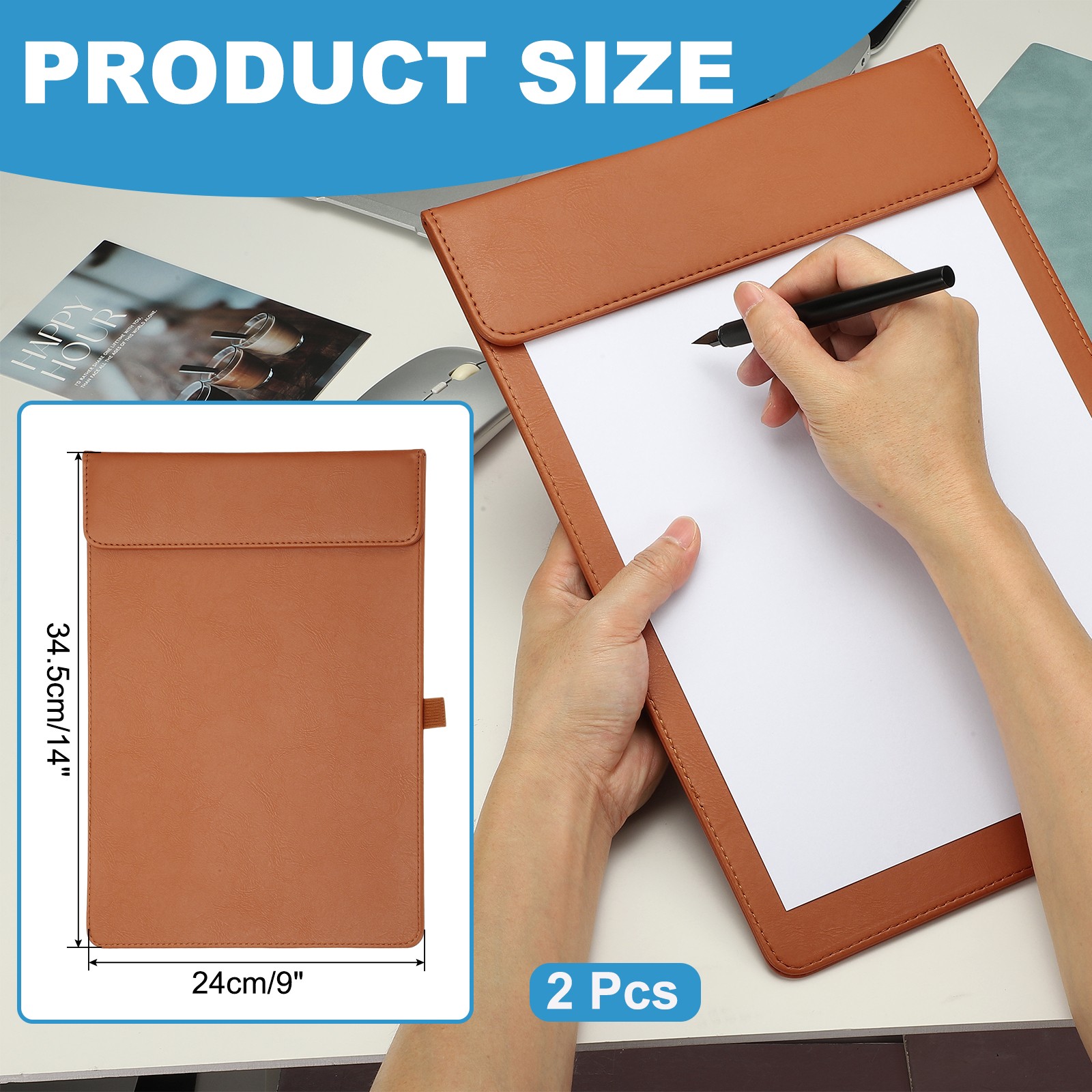 2 Pack Magnetic Leather Clipboard, 14″x9″ Clipboard with Pen Holder (Orange)