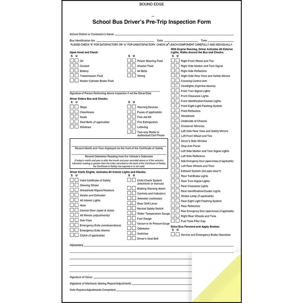 School Bus Driver’s Pre-Trip Vehicle Inspection Form 10-pk., 2-Ply Carbonless