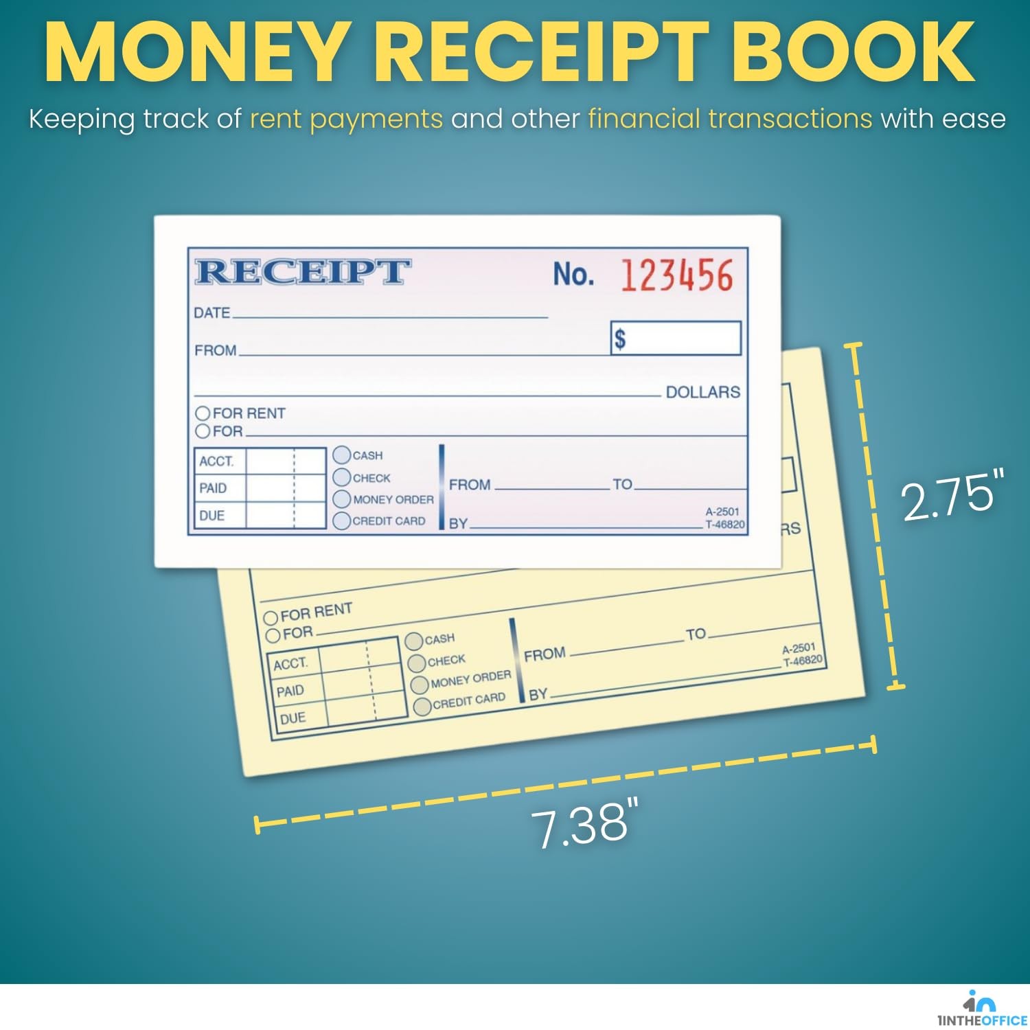 2-Part Carbonless Receipt Books 4 Pack Rent and Cash 50 Sets per Book