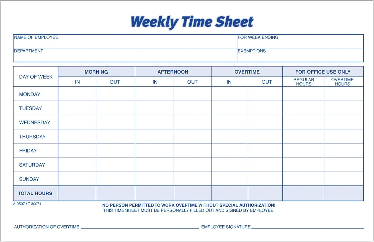 Time Sheet, 9 X 5.5 Inch, Weekly Format, 2-Part, Carbonless, 100-Pack, White, Ca