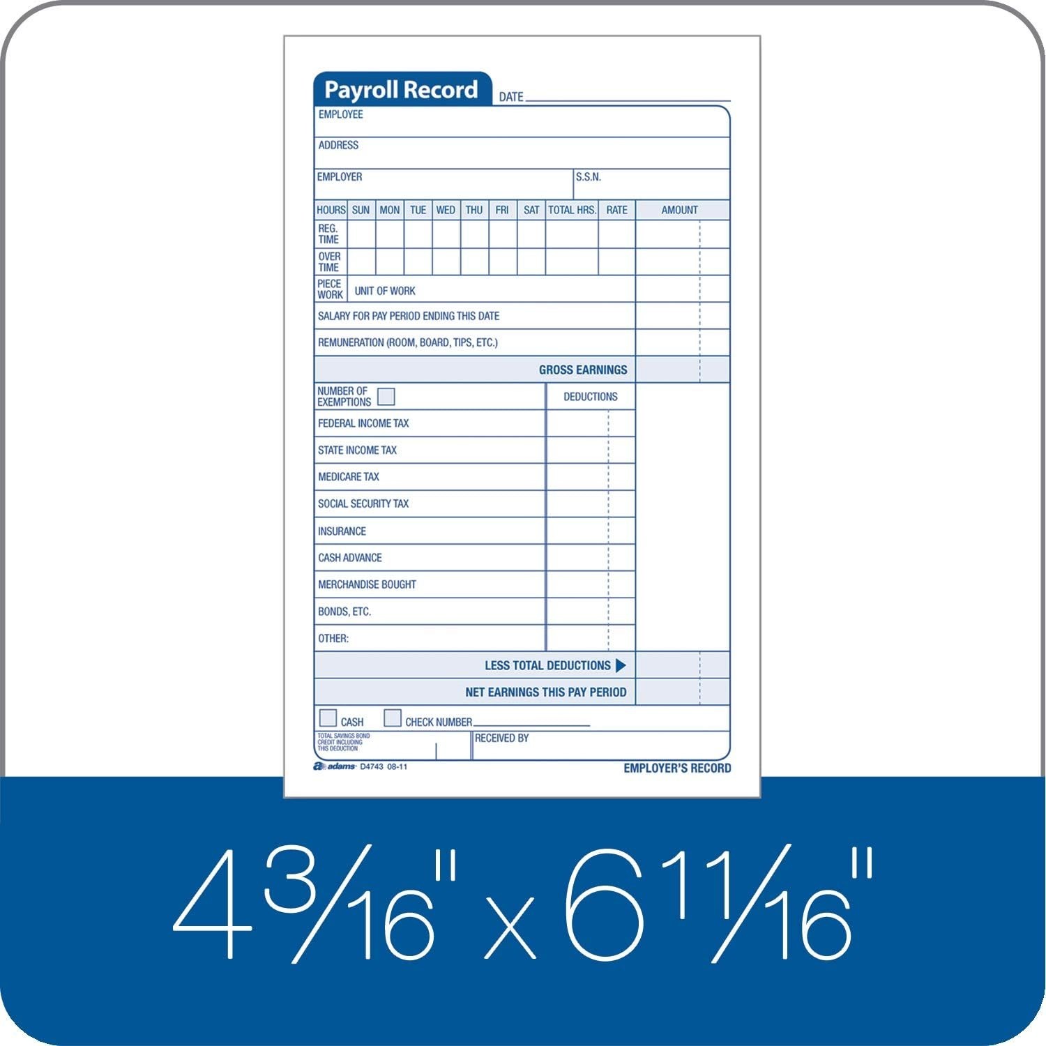 Employee Payroll Record Book, 55 Sets, 2-Part Carbonless, 4.19×7.19 Inches