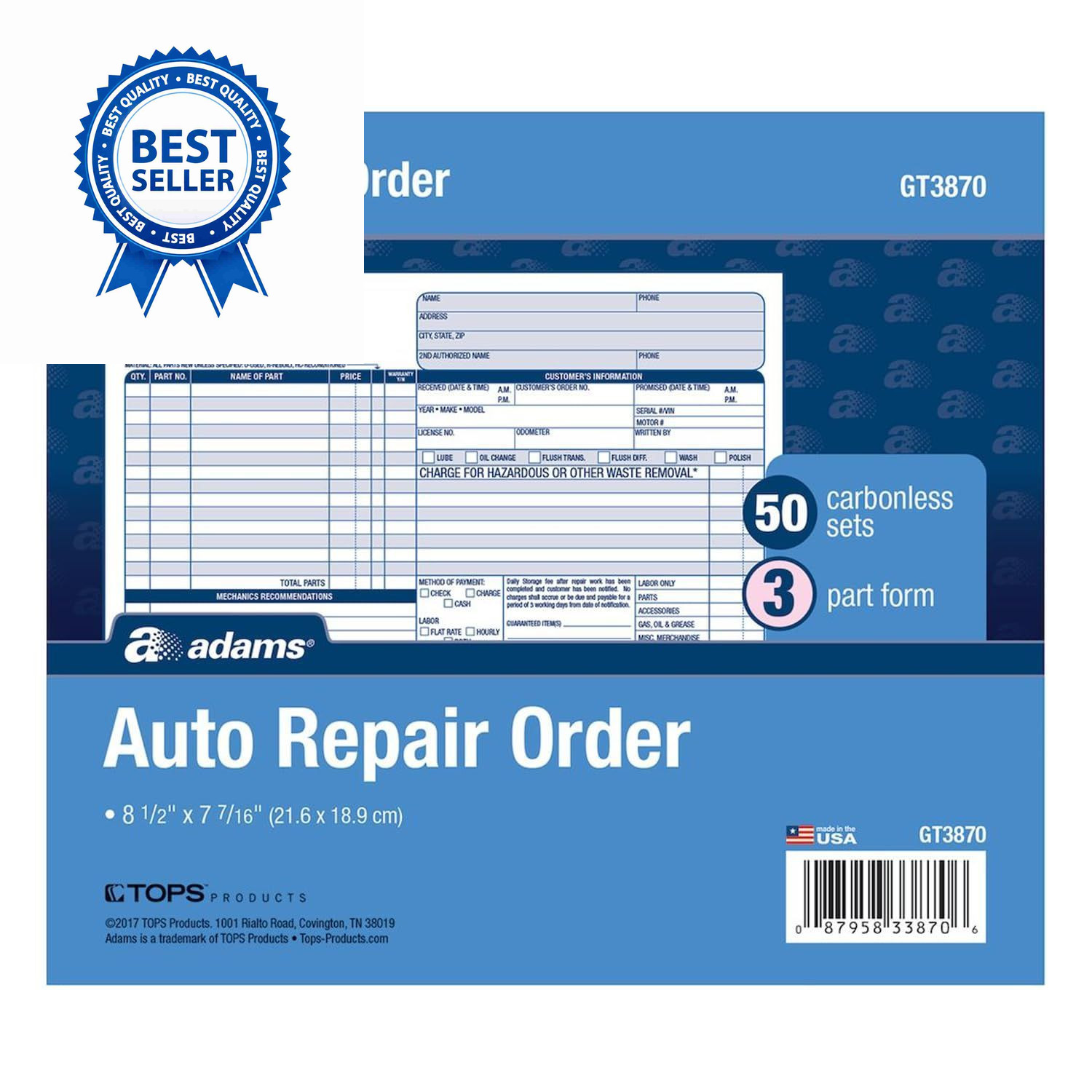 Adams Auto Repair Order Forms, 8.5 x 7.44 Inch, 3-Part, 50-Pack, White/Canary