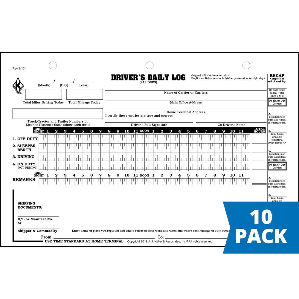 Driver Daily Log 10-pk. with 7- & 8-Day Recap, Shrinkwrapped, 2-Ply Carbonless
