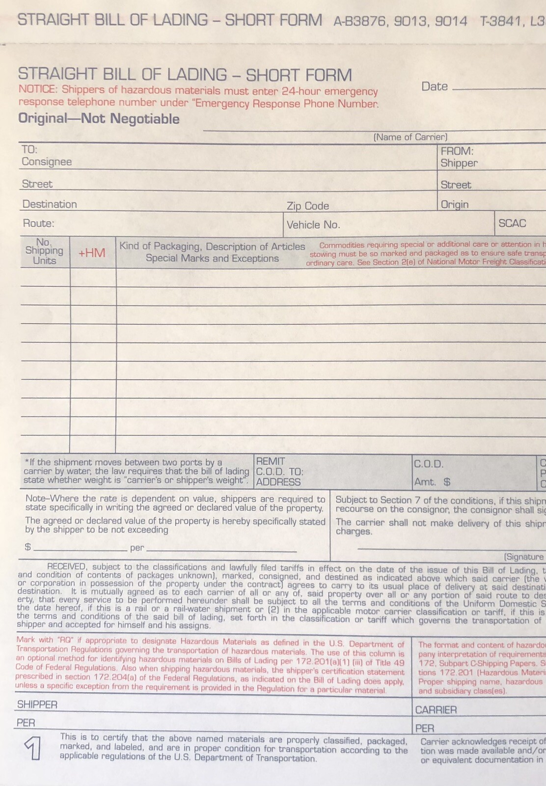 (5) Adams Bill of Lading Short Form, 3-Part Carbonless, for up to 10 Articles