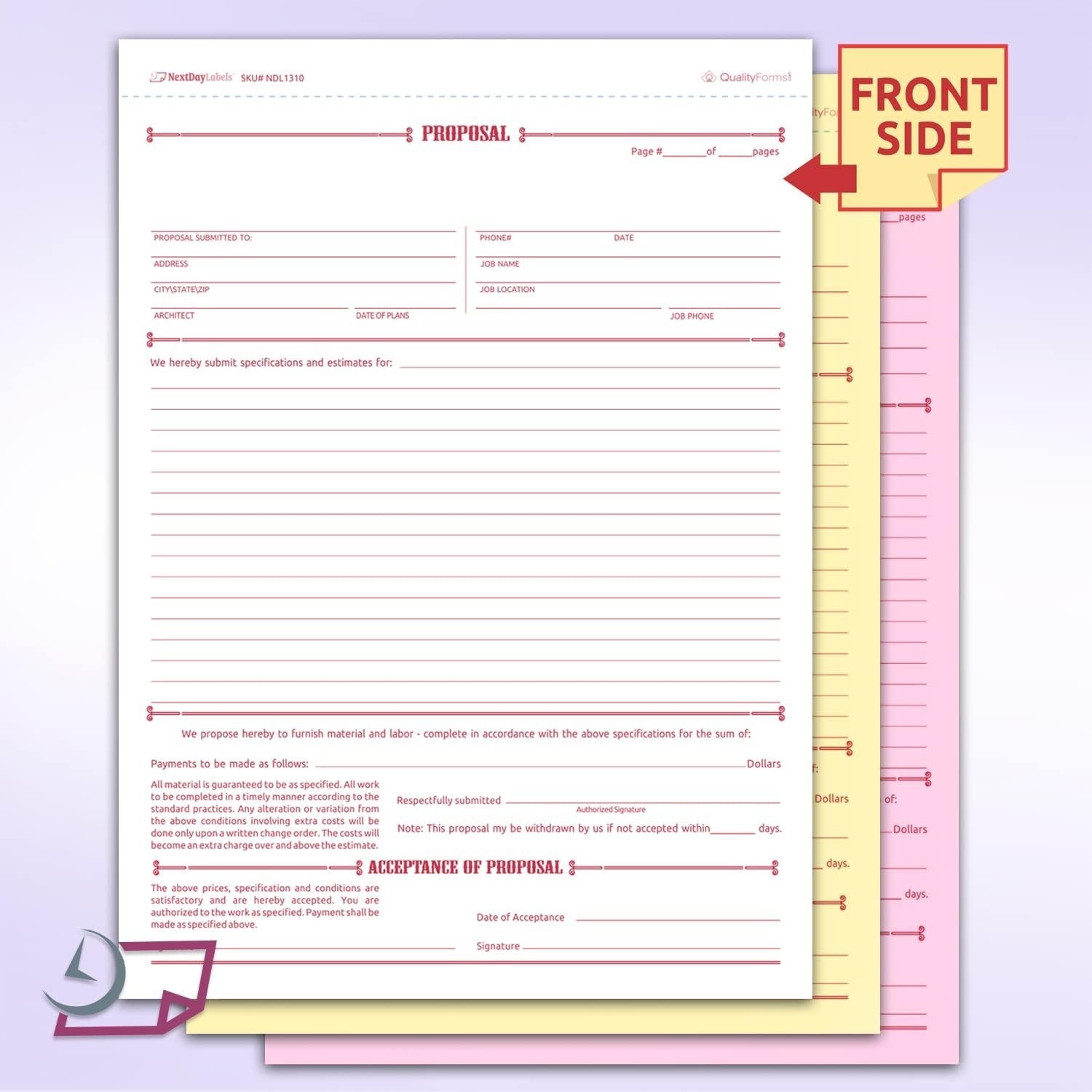 Letter Size General Proposal Forms, 3-Part NCR, White/Canary/Pink – 50 Sets