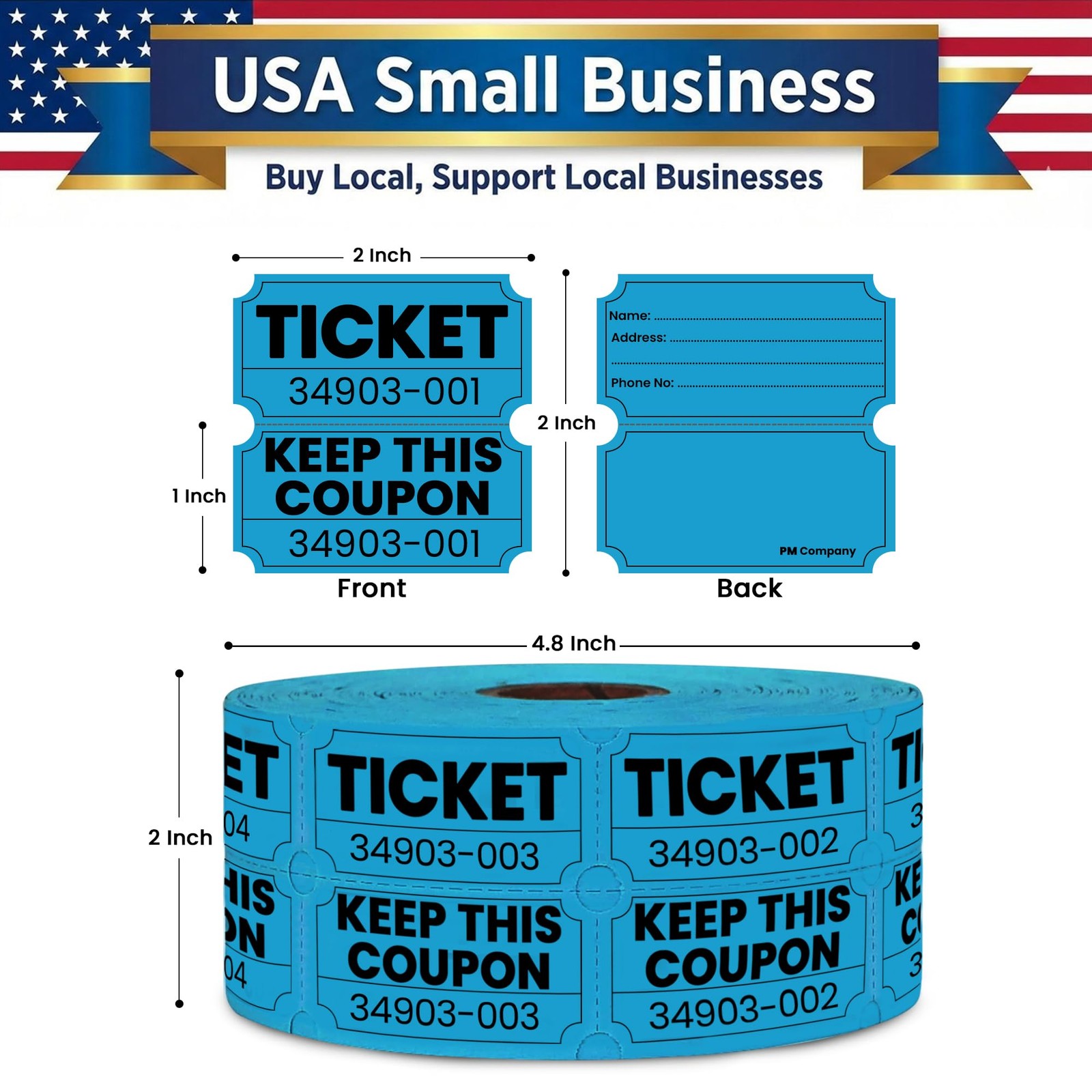 PM Company 2000 Pcs (1000 Pairs) Raffle Tickets Double Roll, 2″x2″, Blue