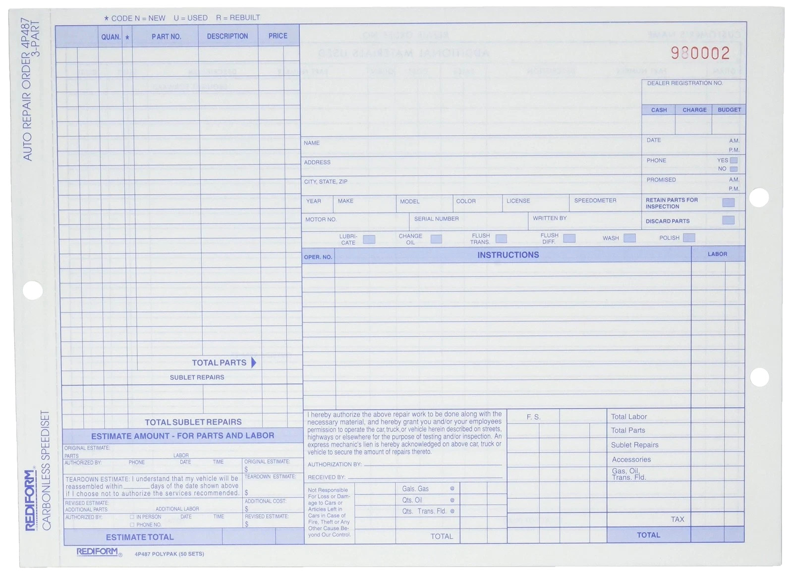 Rediform Auto Repair Polypack, Carbonless Triplicate Forms, 8.5″ x 11.625″, 5…