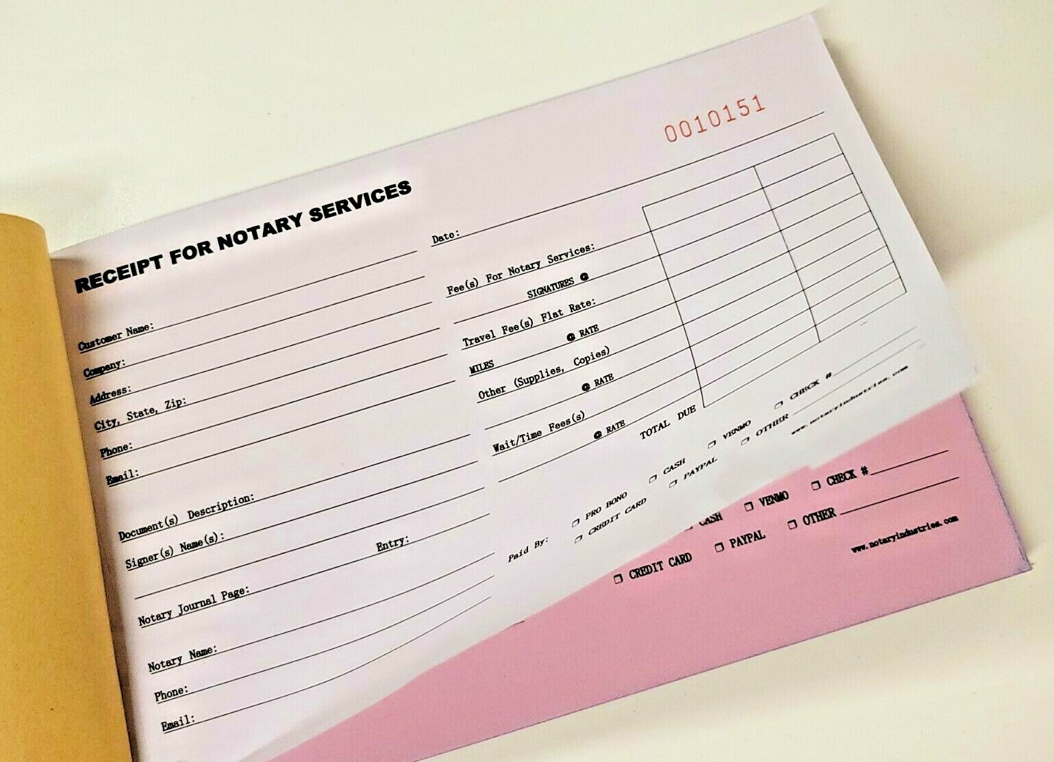 3-pack Receipt for Notary Services Book 50 x 2-ply Duplicate Pink/White Public