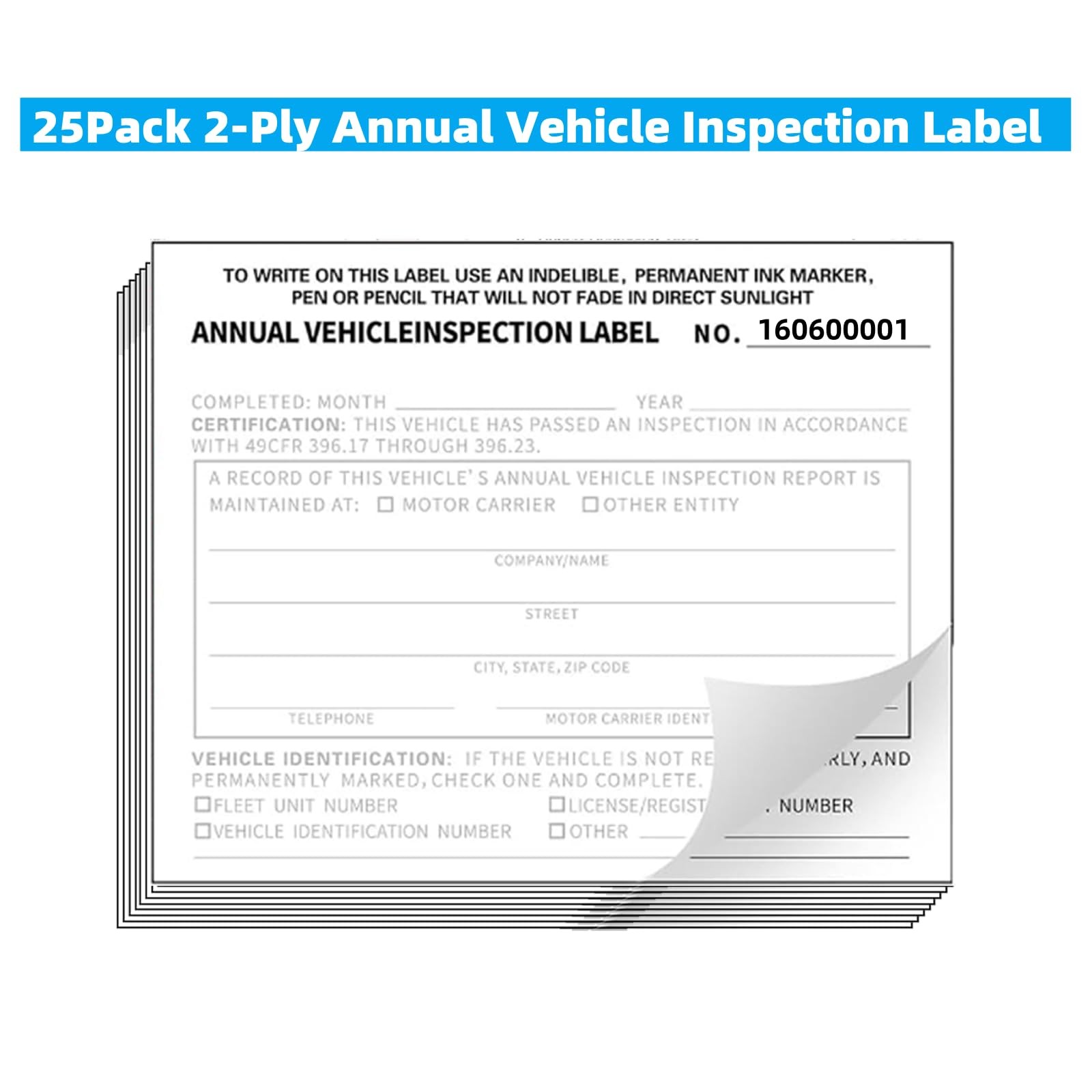 Annual Vehicle Inspection Report Form and Label, 25-Pack 3-Layer Vehicle Insp…