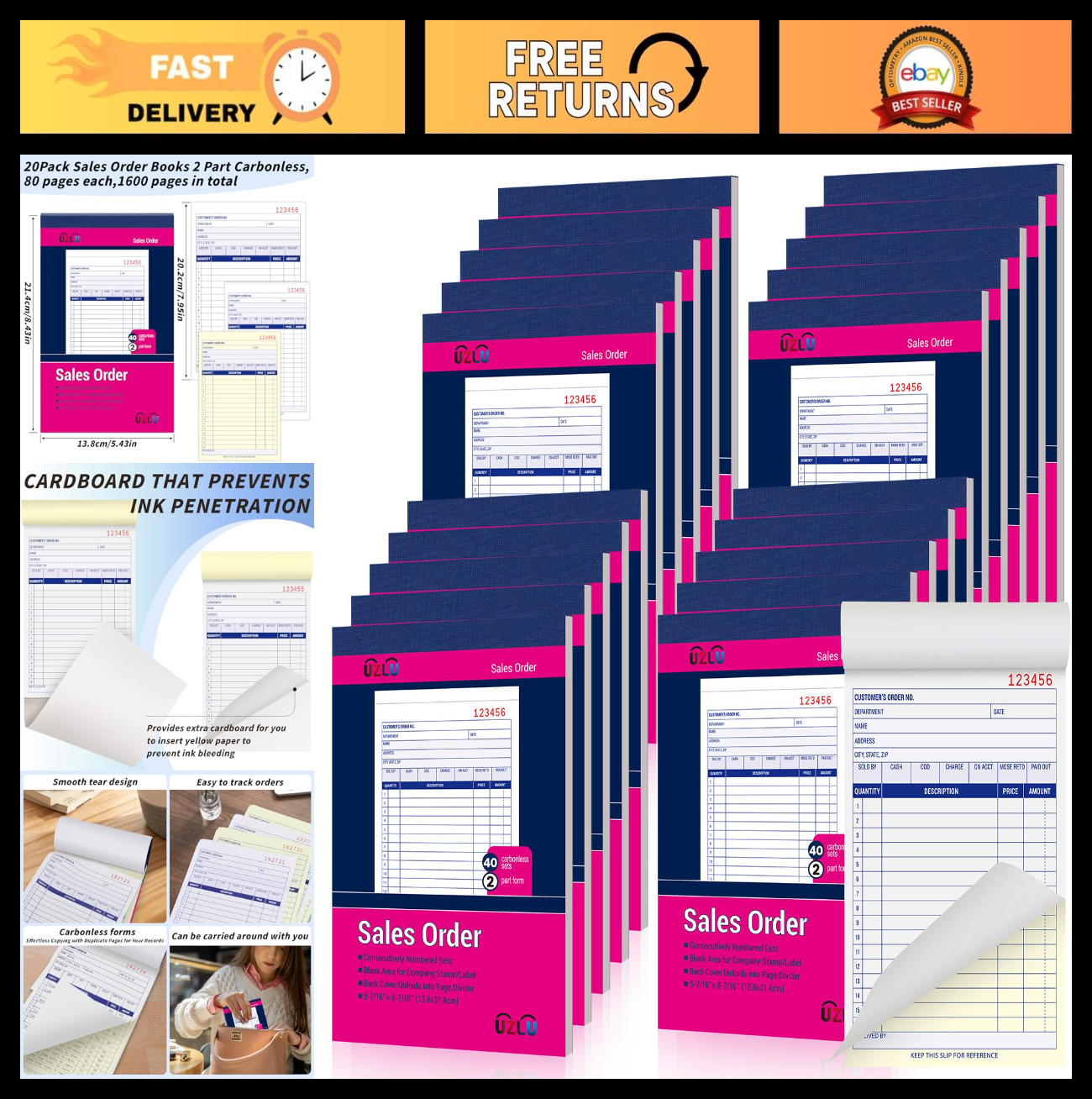 20 Pack Carbonless Sales Order Book, 2-Part Receipt Forms, 5.5×8.5″, Invoice for