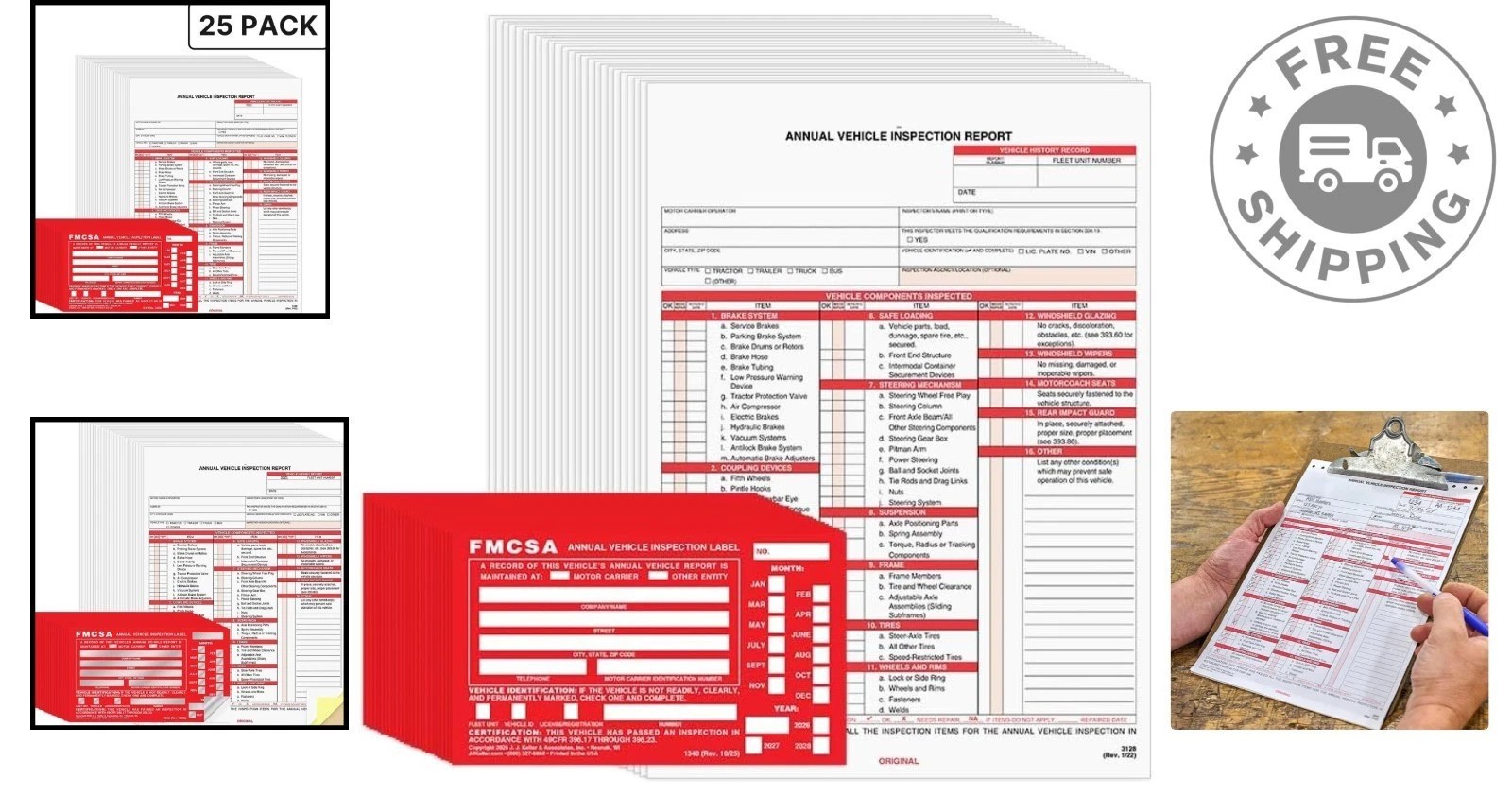 25 Carbonless Vehicle Inspection Forms & Red Inspection Labels – DOT Approved