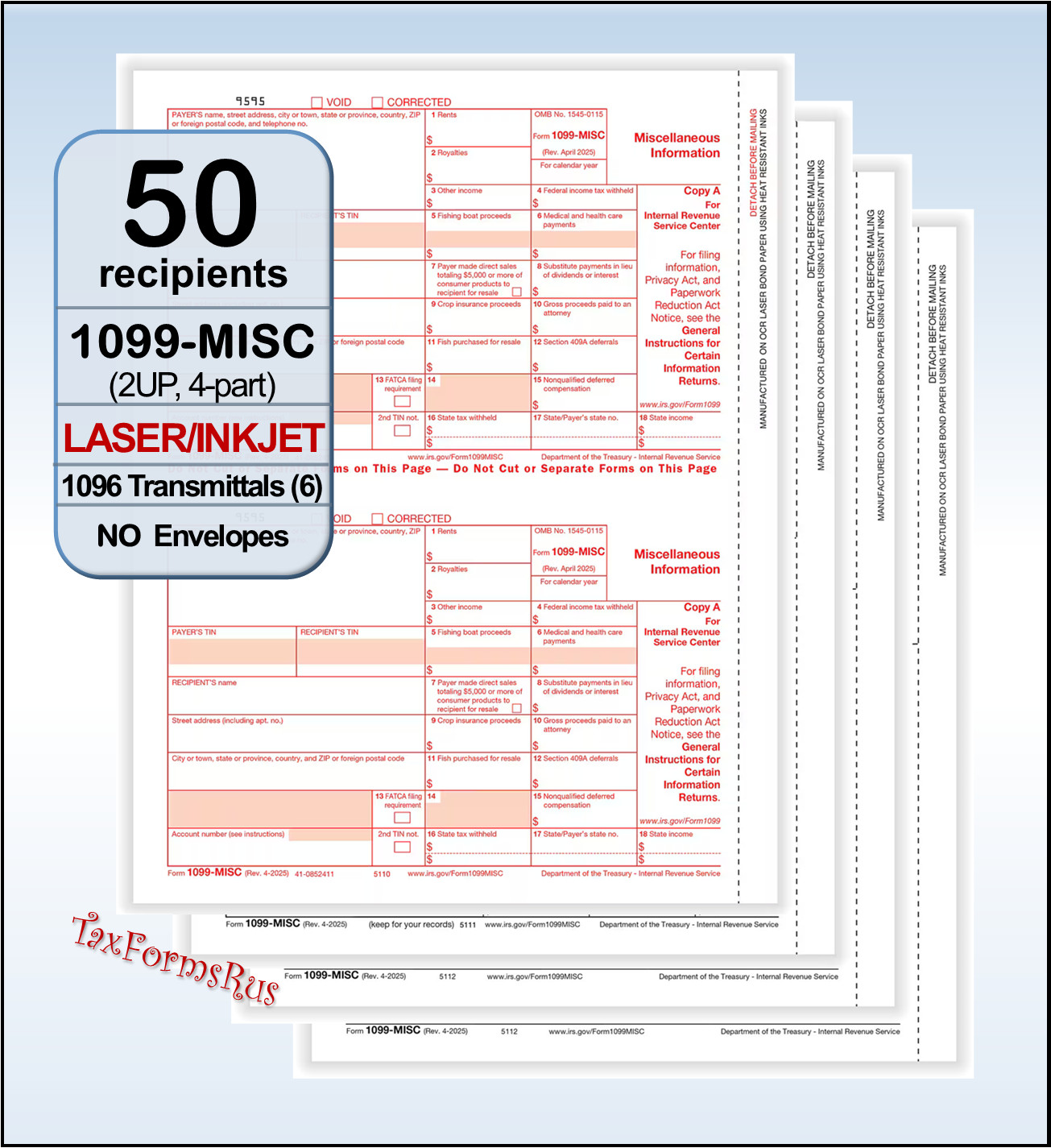 2025 IRS Tax Form 1099-MISC Laser 50 recipients + (6)1096 #TF6103 4-pt — NO Env