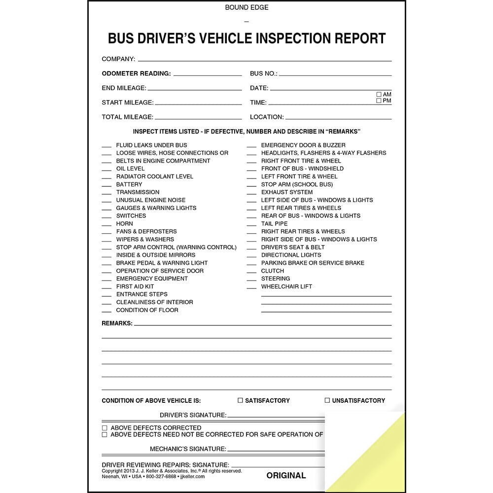 Bus Driver’s Vehicle Inspection Report 10-pk., 2-Ply Carbonless, 5.5″ x 8.13″