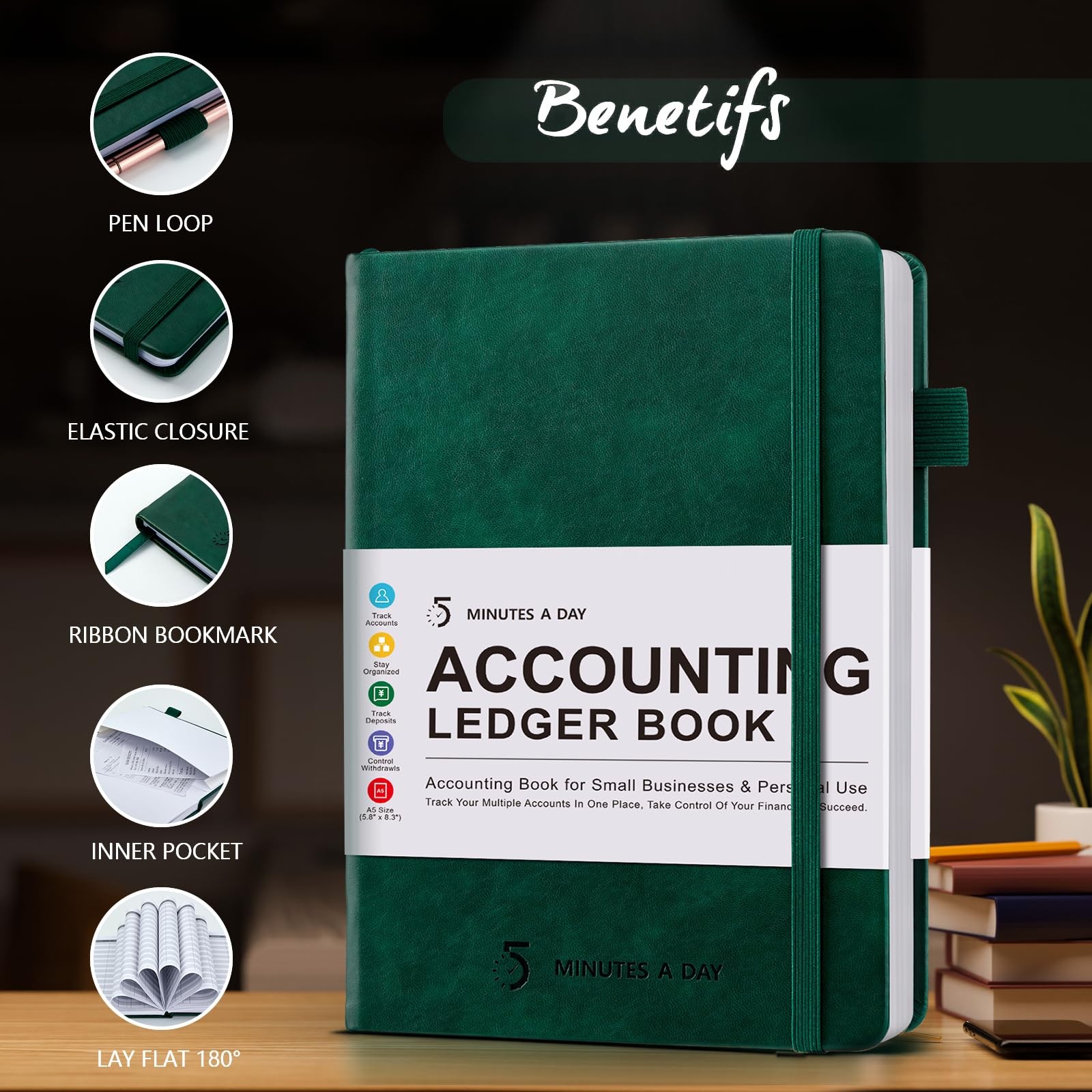 5 MINUTES A DAY Accounting Ledger Book: Medium (5.8″ x 8.3″), Dark Green