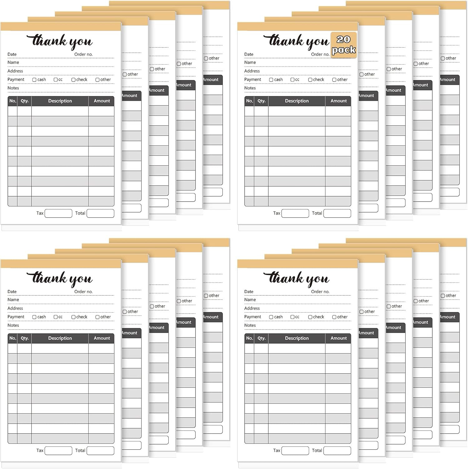 20 Pack Thank You Receipt Book, 2 Part Carbonless Sales Invoice Book, 3.5 X 5.5