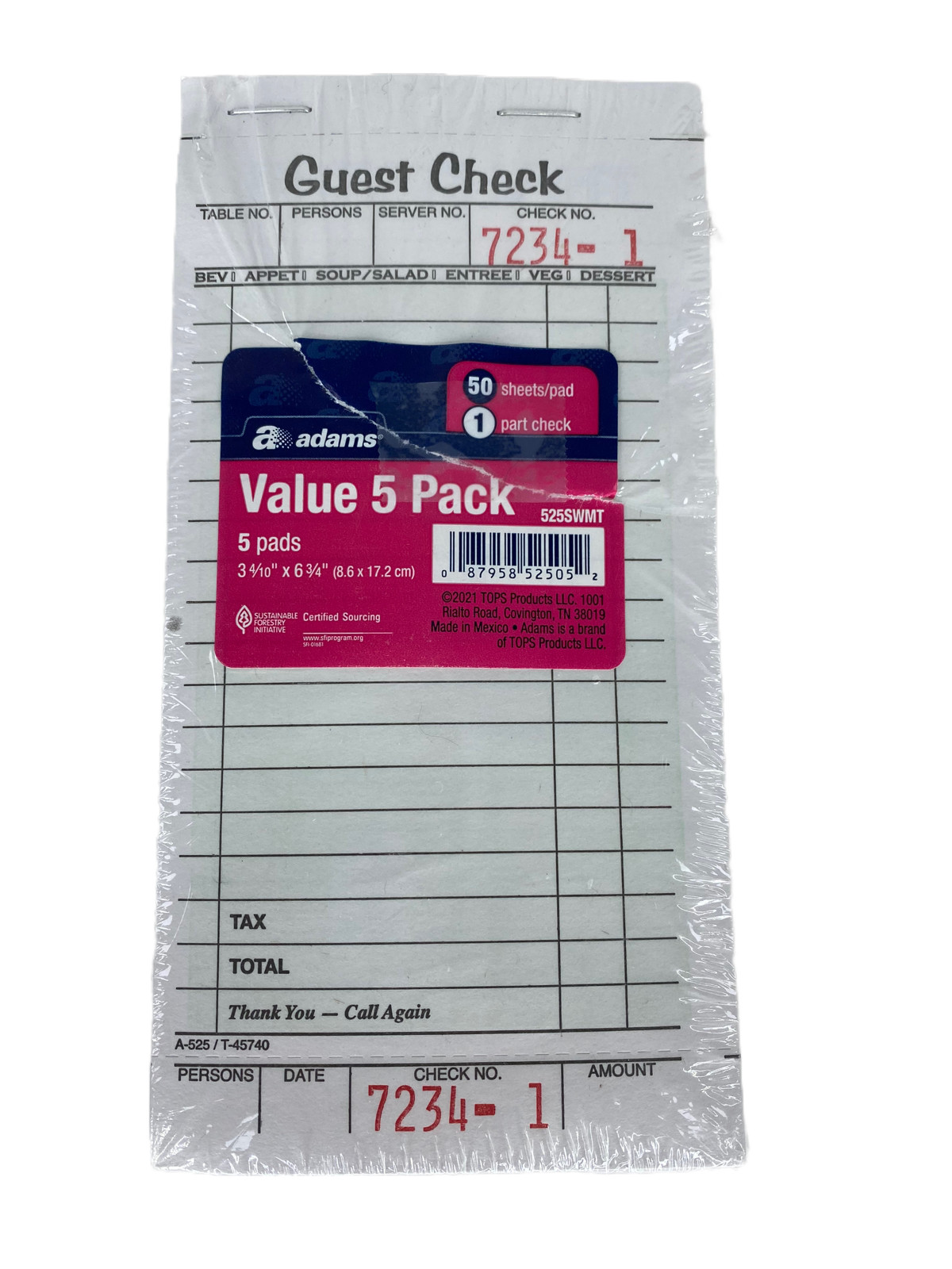 Adams Guest Check Pads White Single Part Only Perforated 3-2/5″ x 6-3 525SWMT
