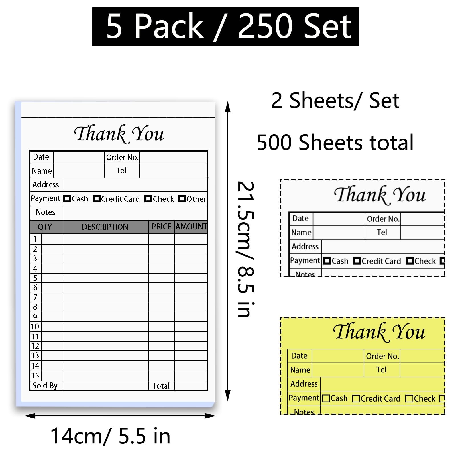 XUEJITECH 250 Sets Thank You Receipt Book with Carbonless 250 (5 Pads)