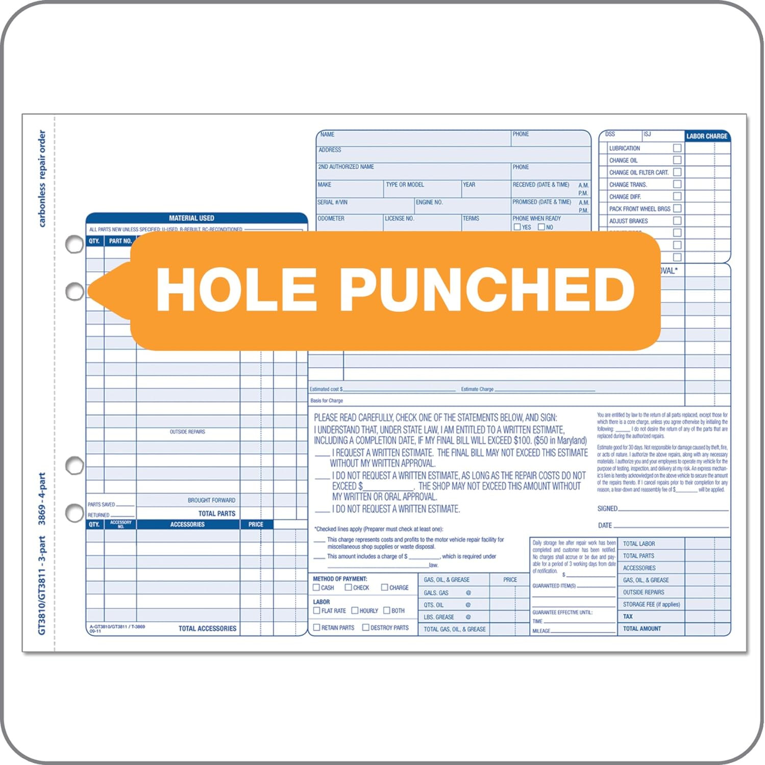 Adams Garage Repair Order Forms 8.5 x 11 Inch 3 Parts 250-Count White and Canary