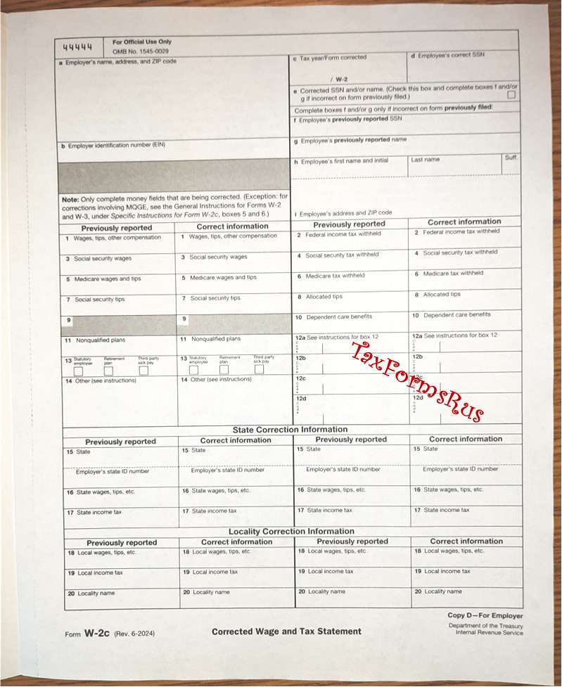 IRS Tax Form W-2c Corrected Wage/Tax Stmt single sheet set 1 employee, NON-cbnls