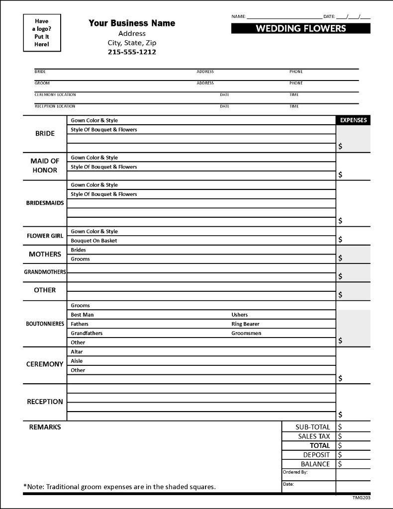 Wedding Flower Order Form – Sales Order Forms / 8.5 x 11 / 2 or 3 Part / TMG203