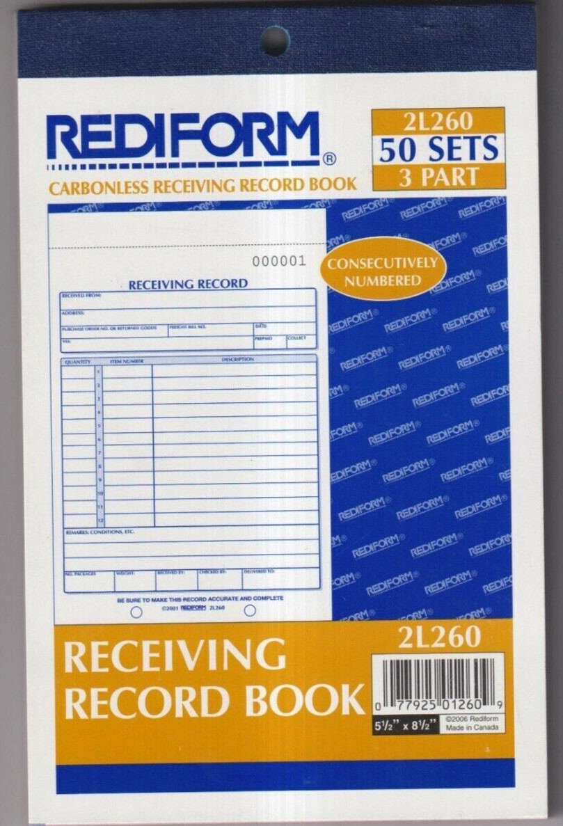 REDIFORM Carbonless receiving RECORD BOOK – 2L260 50 sets! 3-Part