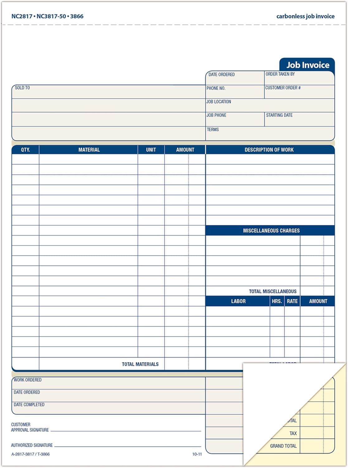 Job Invoice Forms, 2-Part Carbonless, for Service and Repair Billing, 100 Indivi