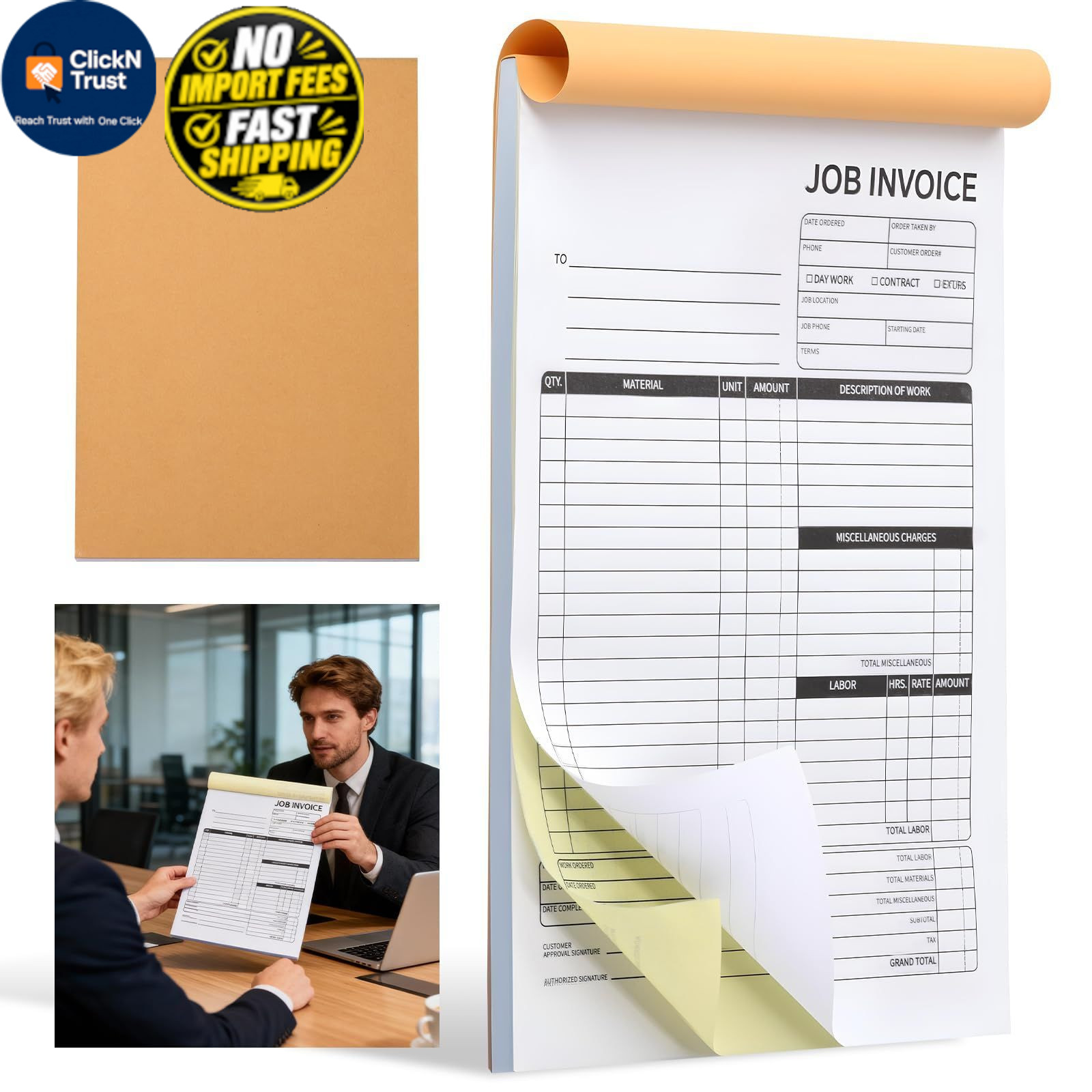 Carbonless Work Order Forms & 7.5 x 11 Inches Invoice Book, 50 x 11 inch