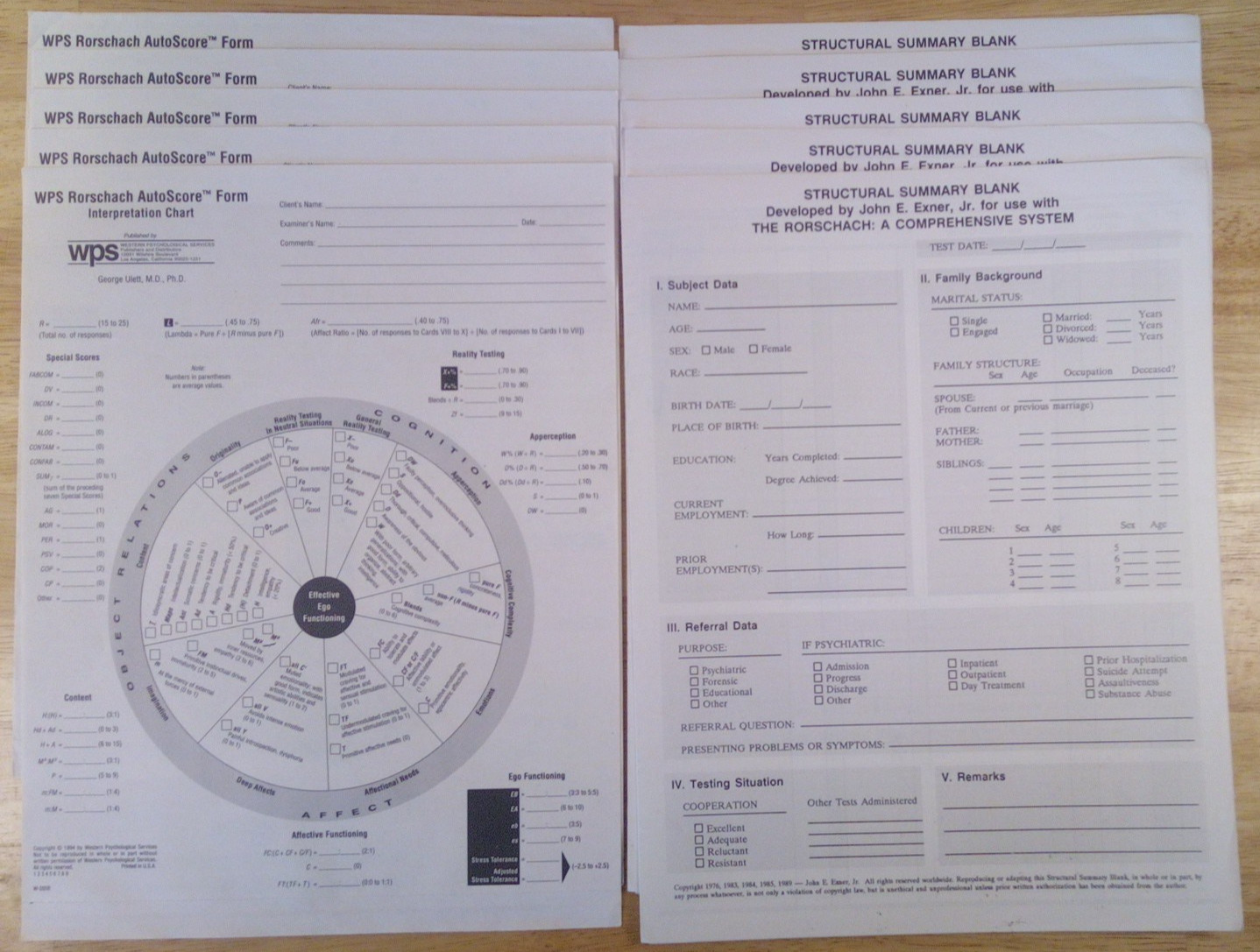 Variety Lot 5 ea. Summary Blank The Rorschach & WPS Rorschach AutoScore Form