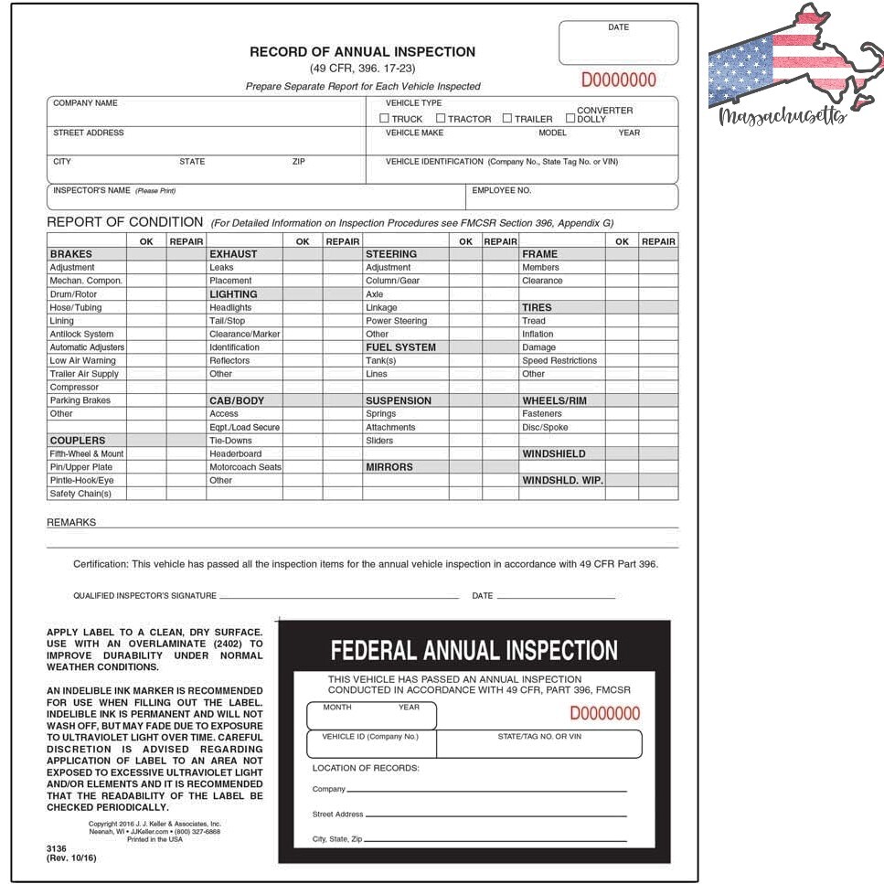 Annual Inspection Form with Decal – 50-Pack, DOT Compliant, 2-Ply Carbonless