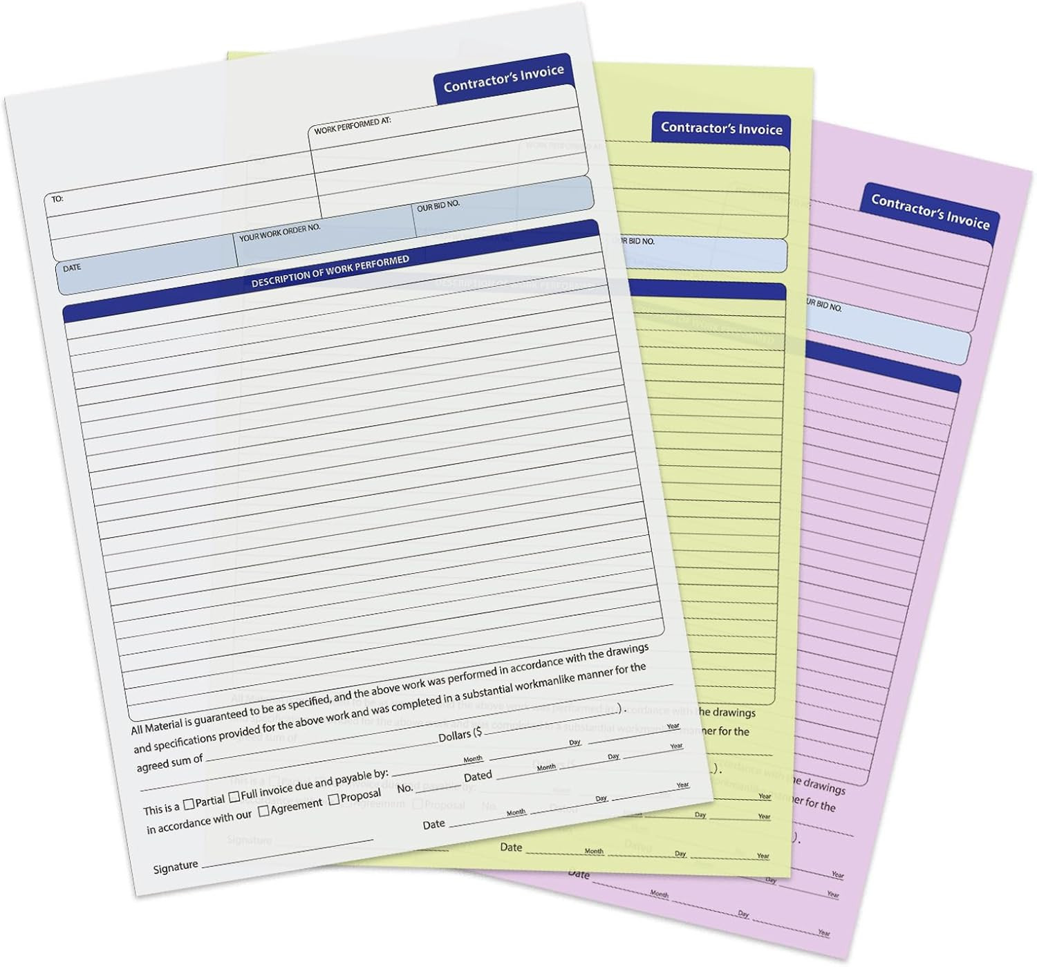 Contractor Invoice Book, 3 Part Carbonless Forms, Work Order Estimate Book