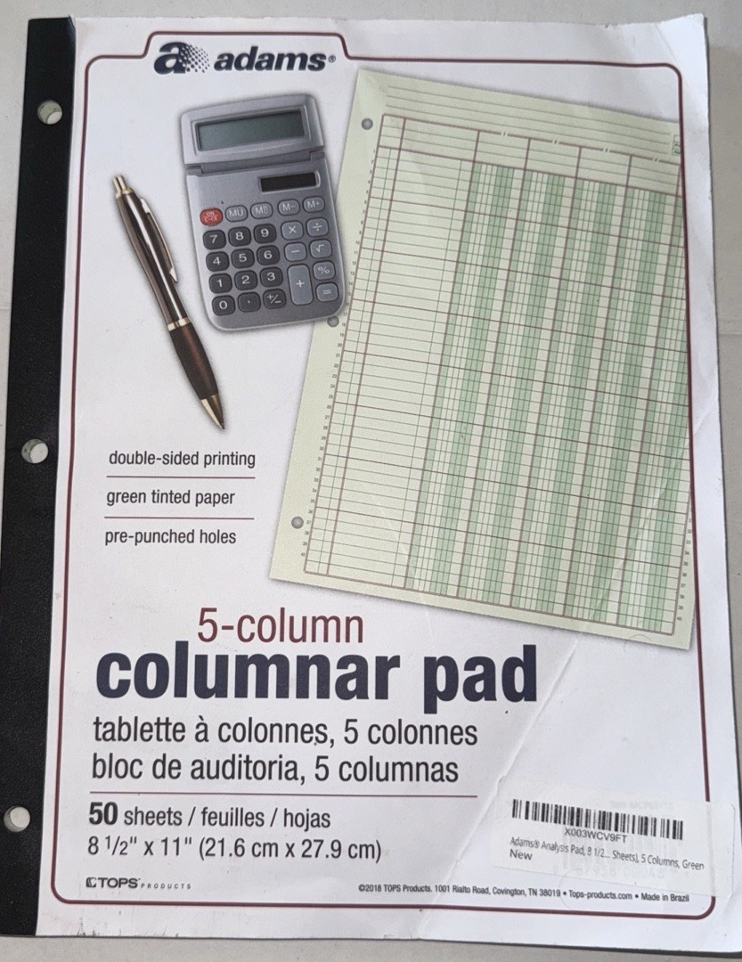 Adams Columnar Analysis Pad 5 Column Accounting Ledger 50 Sheets Green Paper
