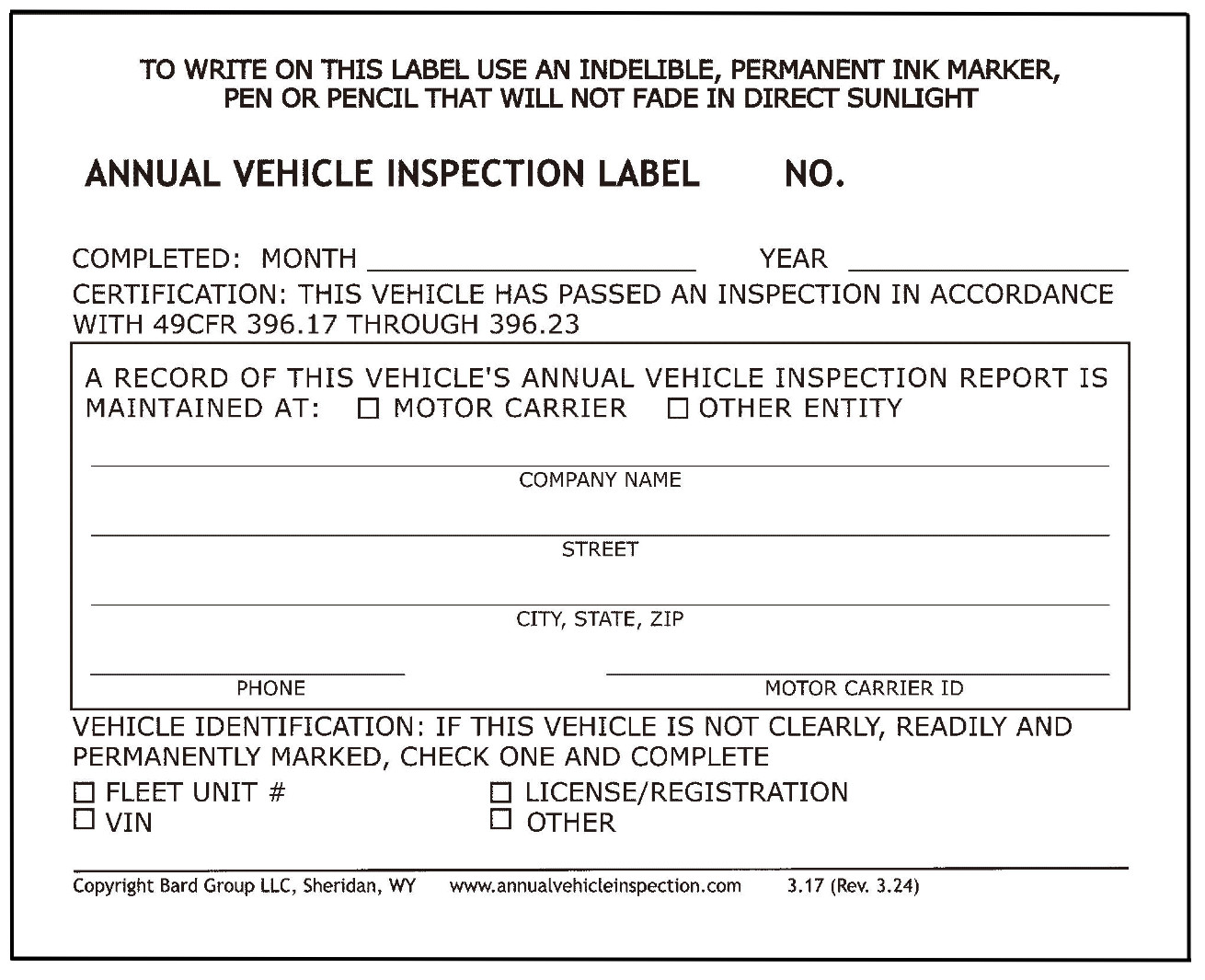 Annual Vehicle Inspection Label 2-Ply Laminated Sticker. 20-PACK. Not numbered.